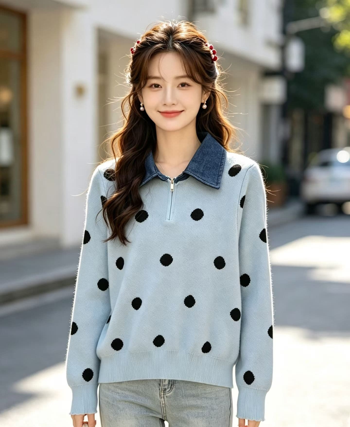 2026 패션 데님 칼라 지퍼 하프 열린 가슴 도트 무늬 자카드 풀오버 긴팔 상세 이미지 3