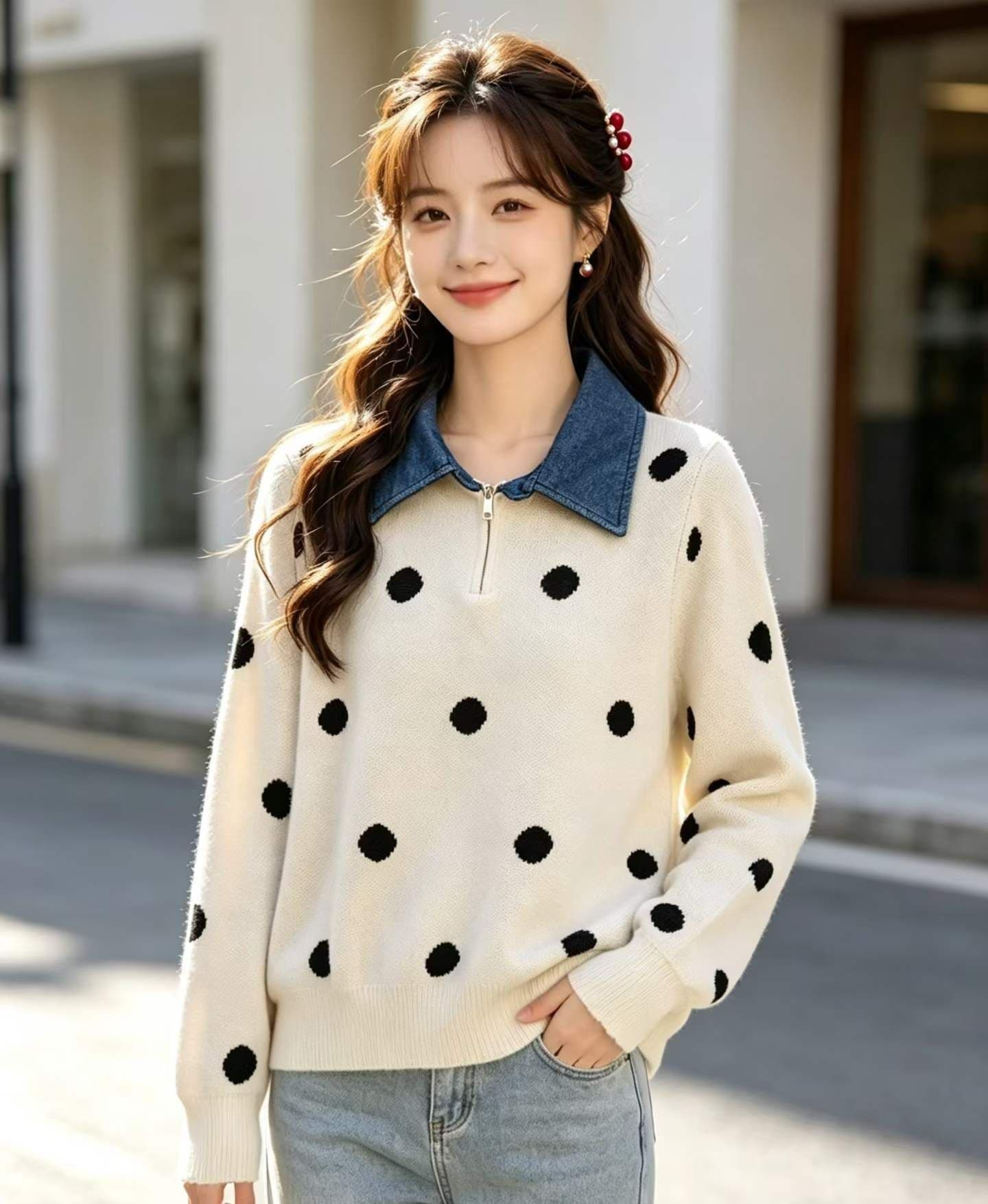2026 패션 데님 칼라 지퍼 하프 열린 가슴 도트 무늬 자카드 풀오버 긴팔 상세 이미지 4