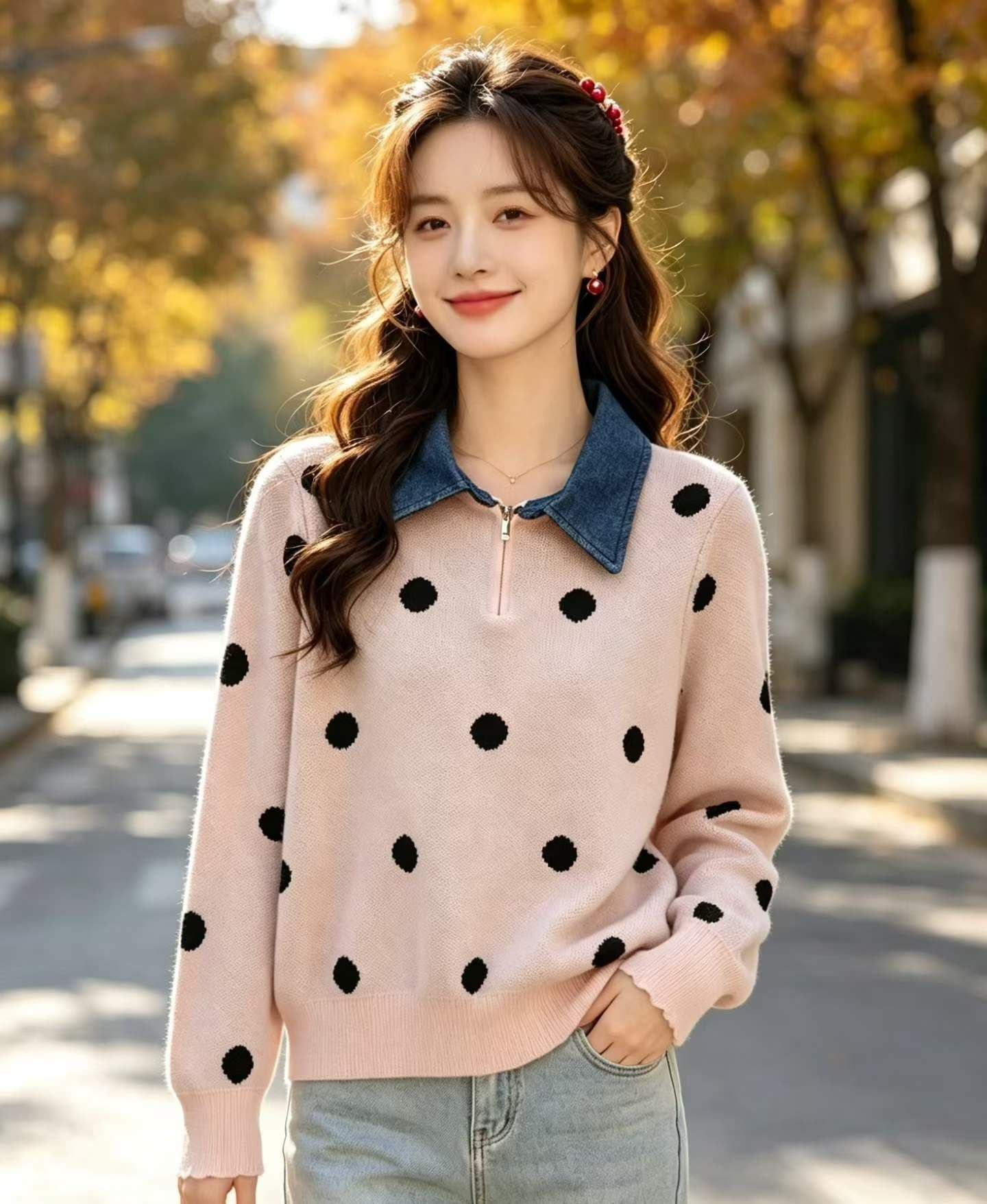 2026 패션 데님 칼라 지퍼 하프 열린 가슴 도트 무늬 자카드 풀오버 긴팔 상세 이미지 6
