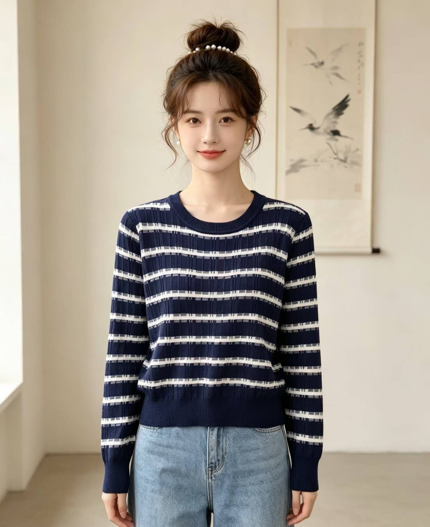 2026 패션 라운드 넥 배색 스트라이프 구덩이 기사 슬림해 보이는 디자인 풀오버 긴팔 이미지 3