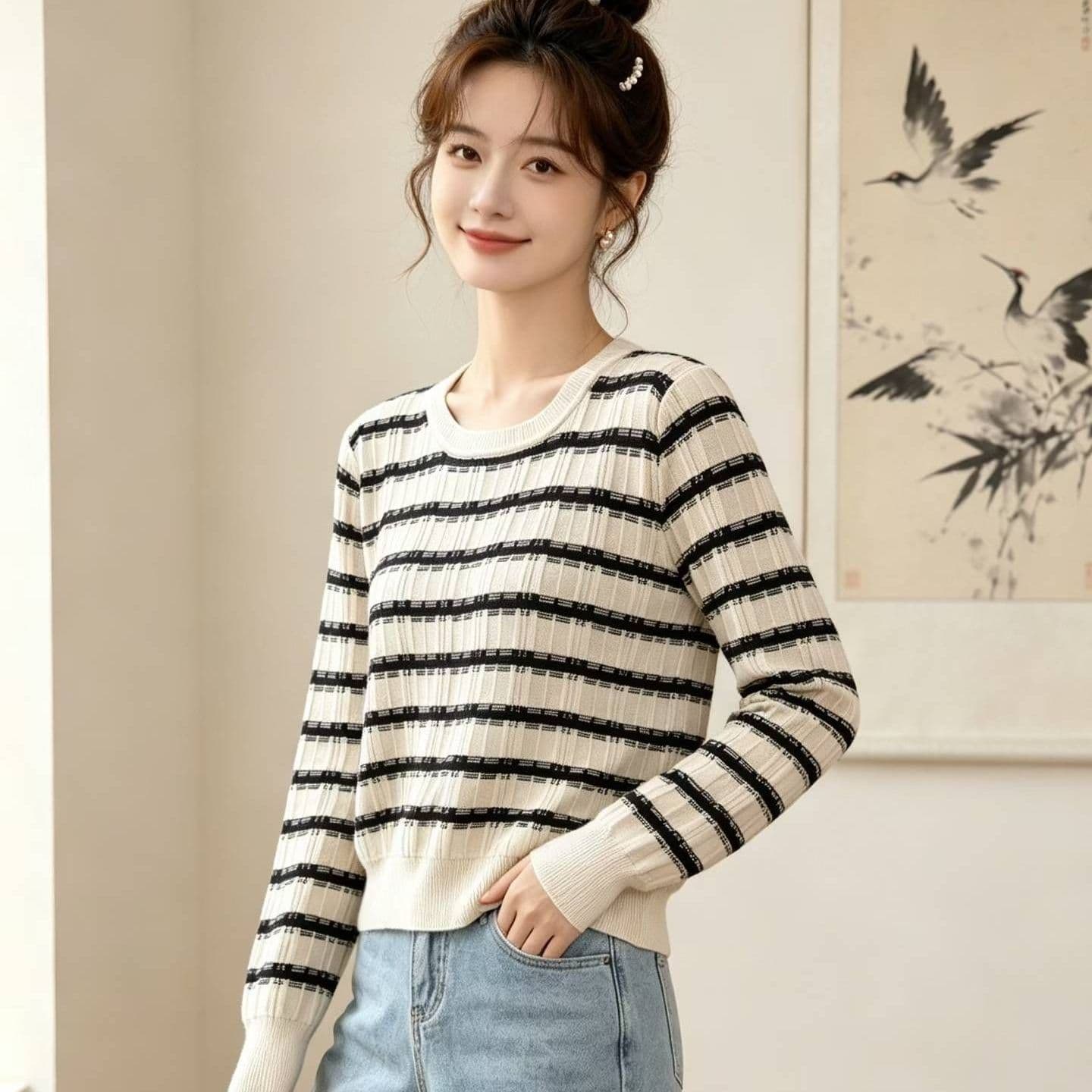 2026 패션 라운드 넥 배색 스트라이프 구덩이 기사 슬림해 보이는 디자인 풀오버 긴팔 이미지 4