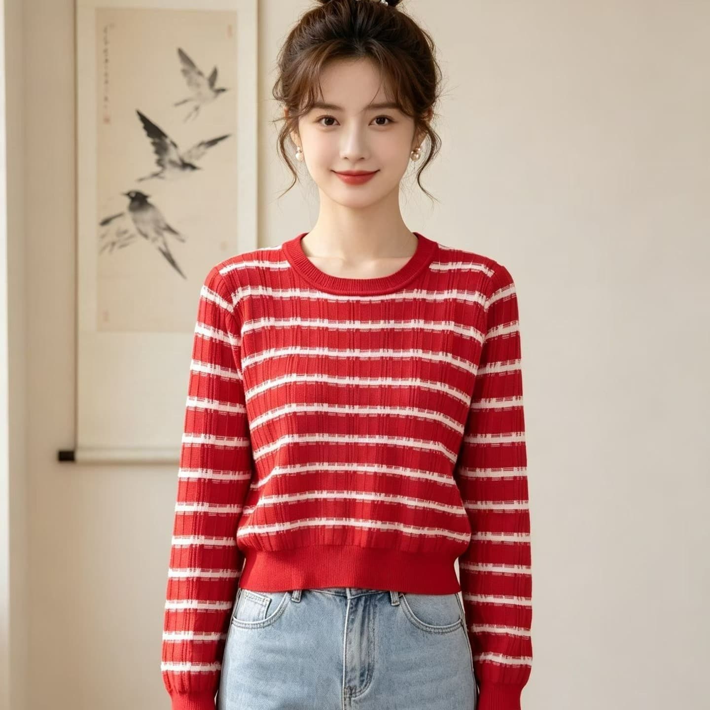 2026 패션 라운드 넥 배색 스트라이프 구덩이 기사 슬림해 보이는 디자인 풀오버 긴팔 이미지 5