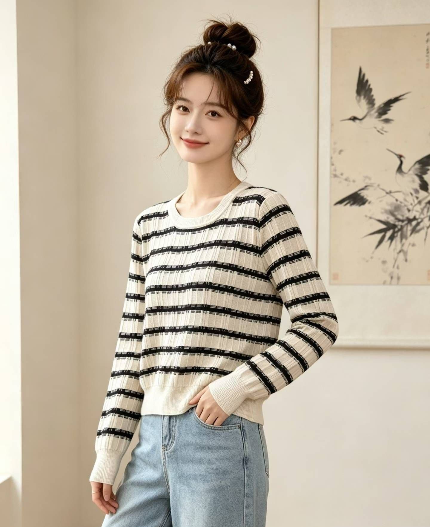 2026 패션 라운드 넥 배색 스트라이프 구덩이 기사 슬림해 보이는 디자인 풀오버 긴팔 상세 이미지 1