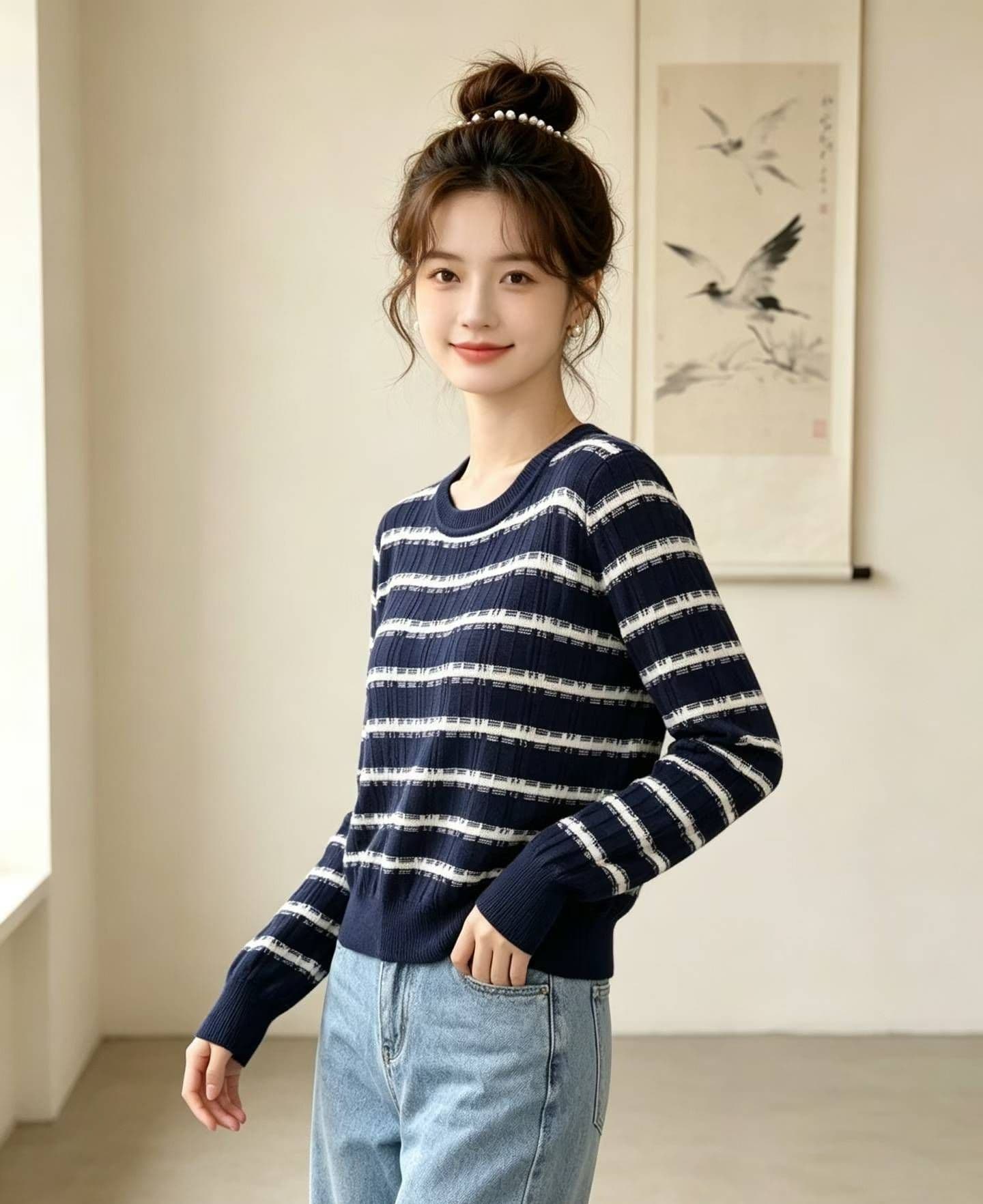 2026 패션 라운드 넥 배색 스트라이프 구덩이 기사 슬림해 보이는 디자인 풀오버 긴팔 상세 이미지 3