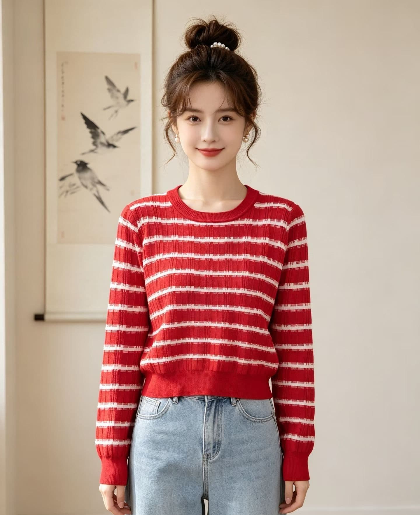 2026 패션 라운드 넥 배색 스트라이프 구덩이 기사 슬림해 보이는 디자인 풀오버 긴팔 상세 이미지 5