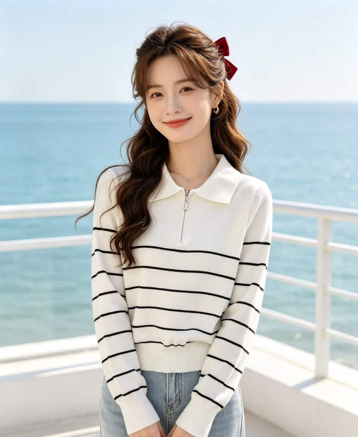 2026 학원 스타일 폴로 칼라 지퍼 하프 열린 가슴 배색 스트라이프 풀오버 긴팔 이미지 2