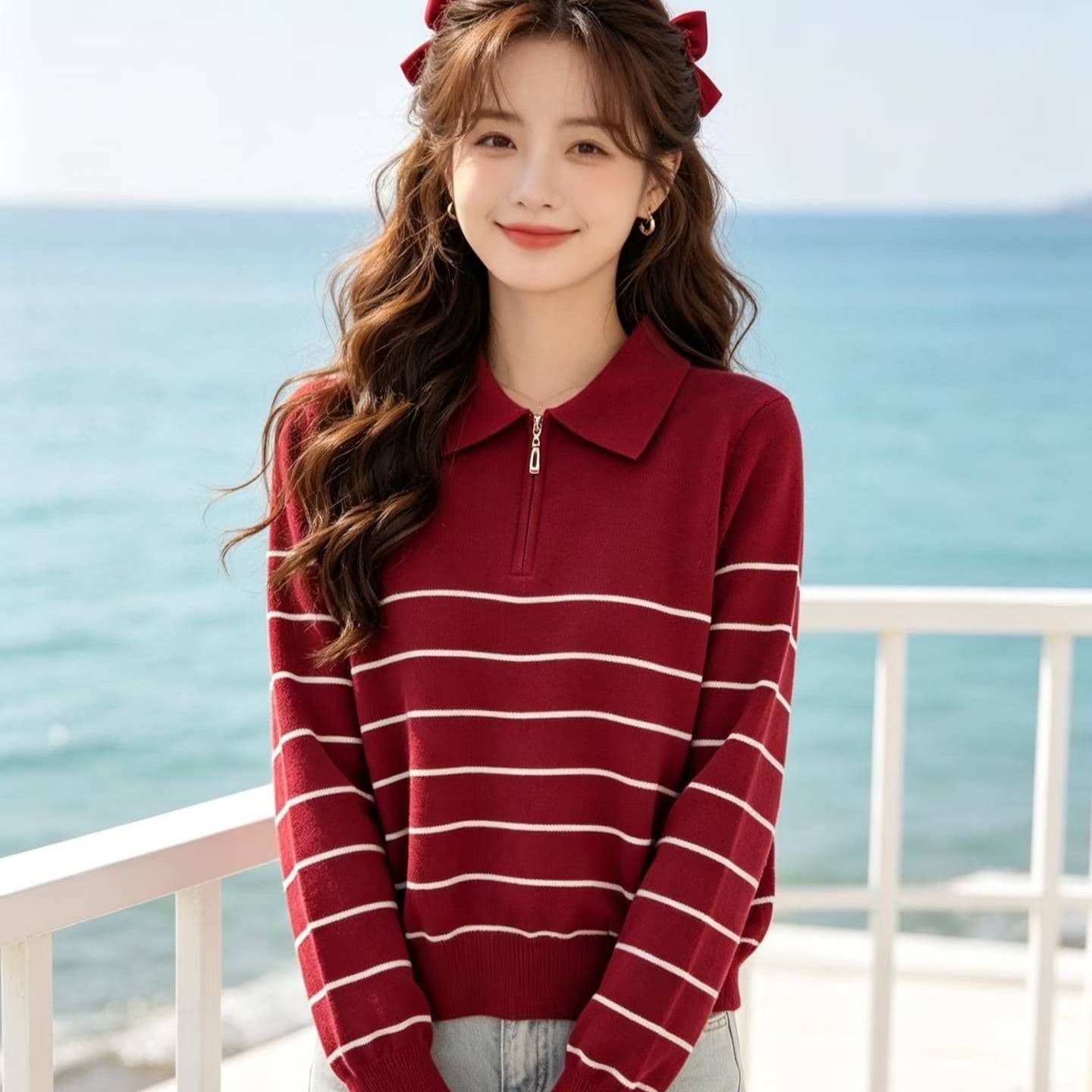 2026 학원 스타일 폴로 칼라 지퍼 하프 열린 가슴 배색 스트라이프 풀오버 긴팔