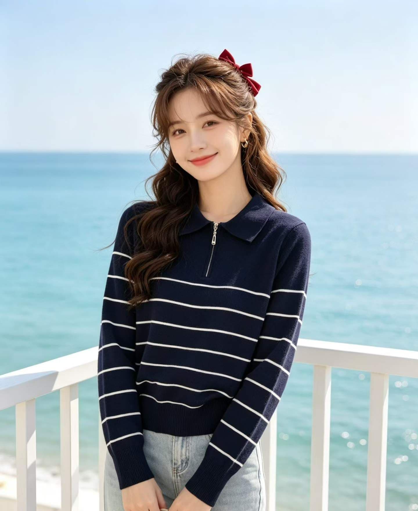 2026 학원 스타일 폴로 칼라 지퍼 하프 열린 가슴 배색 스트라이프 풀오버 긴팔 상세 이미지 1