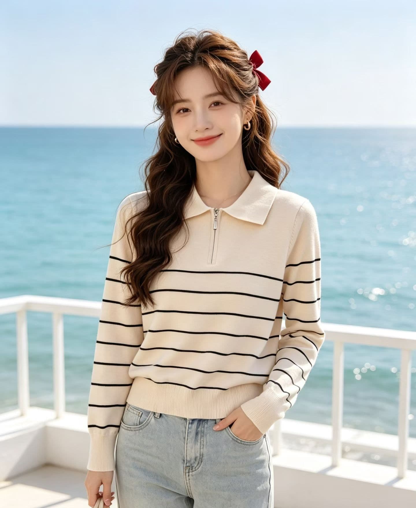 2026 학원 스타일 폴로 칼라 지퍼 하프 열린 가슴 배색 스트라이프 풀오버 긴팔 상세 이미지 3
