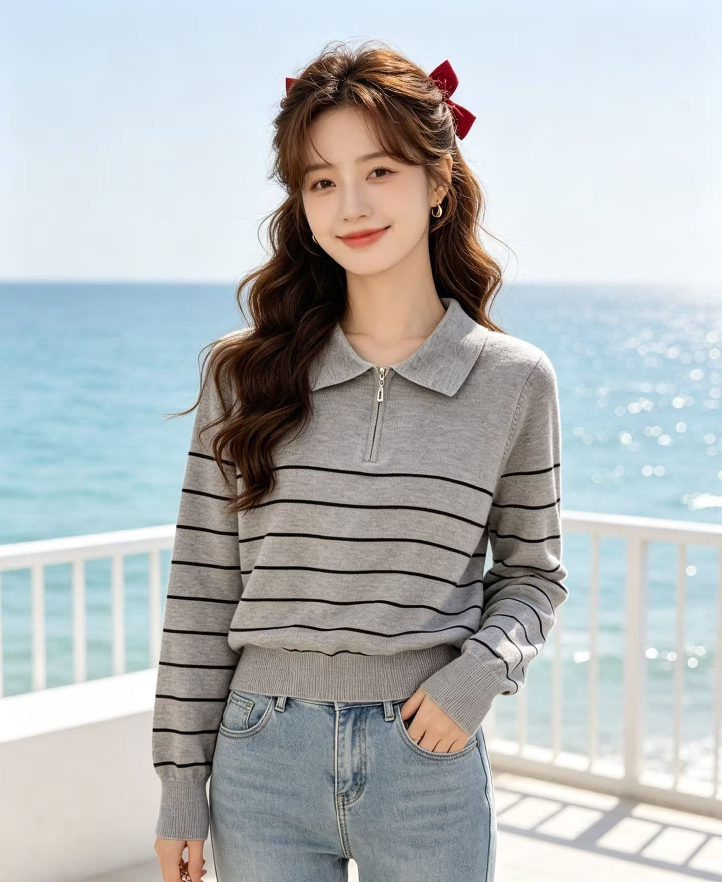 2026 학원 스타일 폴로 칼라 지퍼 하프 열린 가슴 배색 스트라이프 풀오버 긴팔 상세 이미지 4