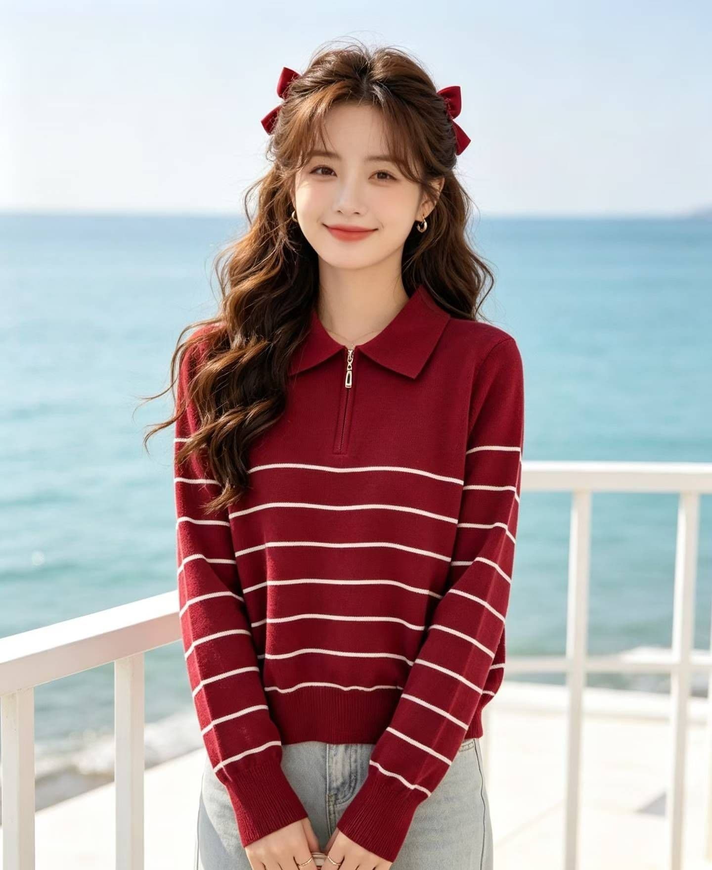 2026 학원 스타일 폴로 칼라 지퍼 하프 열린 가슴 배색 스트라이프 풀오버 긴팔 상세 이미지 5
