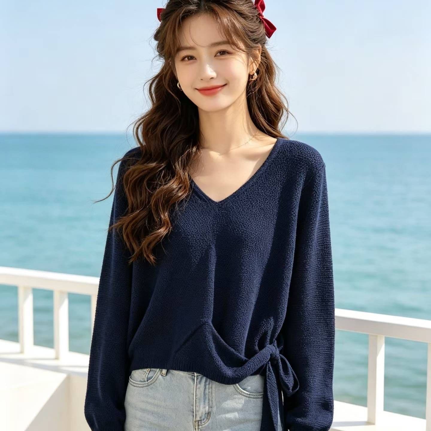 2026 패션 V넥 Chic 밑단 벨트 슬림해 보이는 풀오버 긴팔