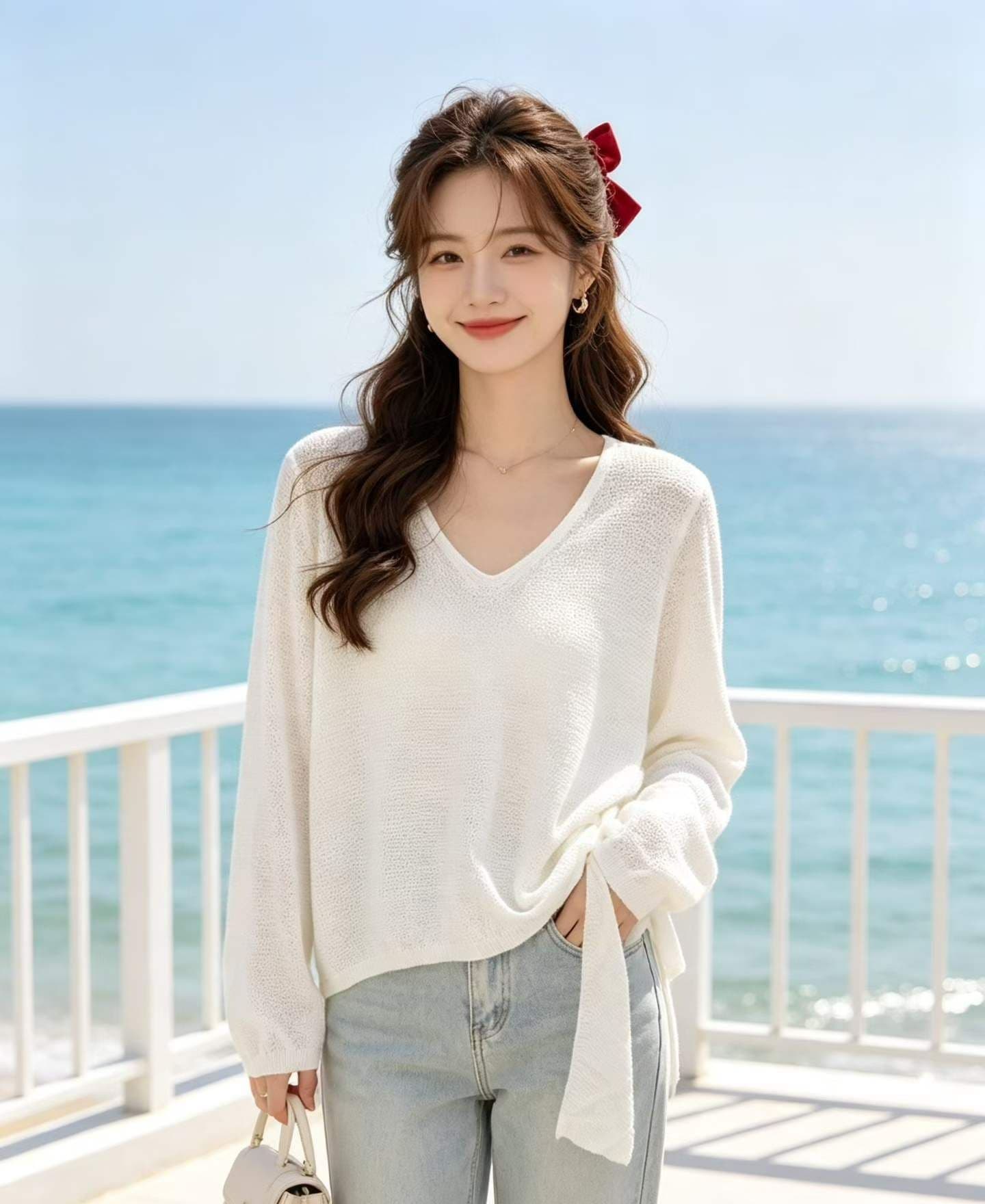 2026 패션 V넥 Chic 밑단 벨트 슬림해 보이는 풀오버 긴팔 이미지 2