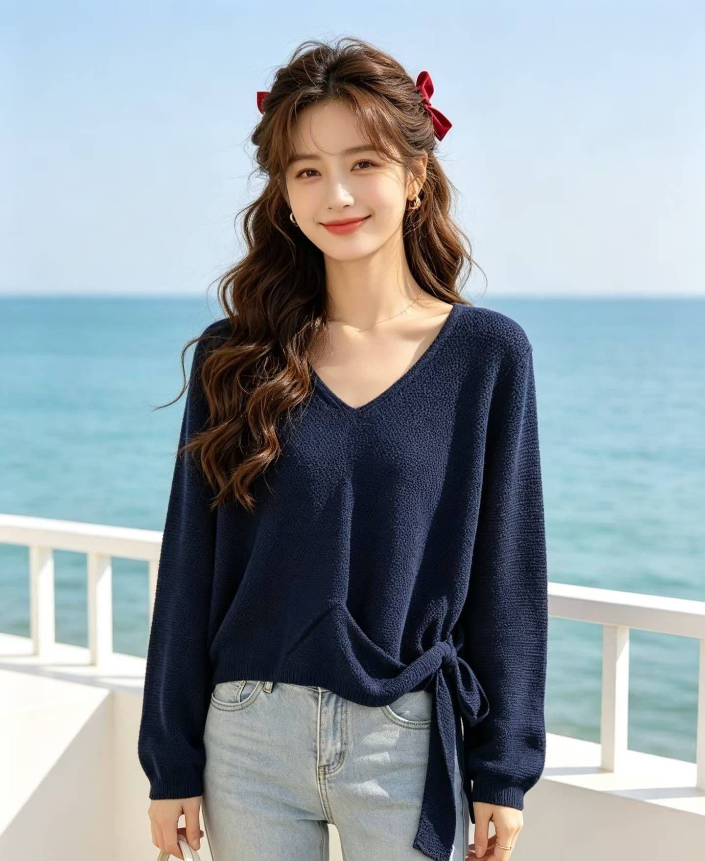 2026 패션 V넥 Chic 밑단 벨트 슬림해 보이는 풀오버 긴팔 상세 이미지 1