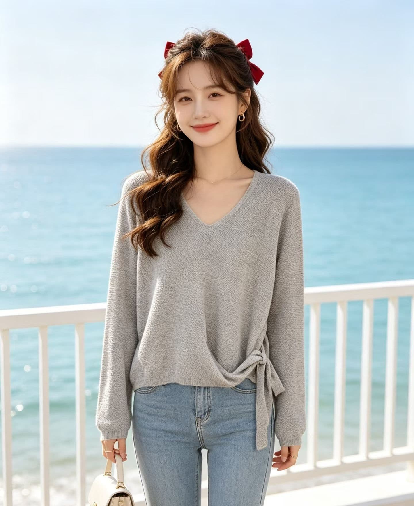 2026 패션 V넥 Chic 밑단 벨트 슬림해 보이는 풀오버 긴팔 상세 이미지 3