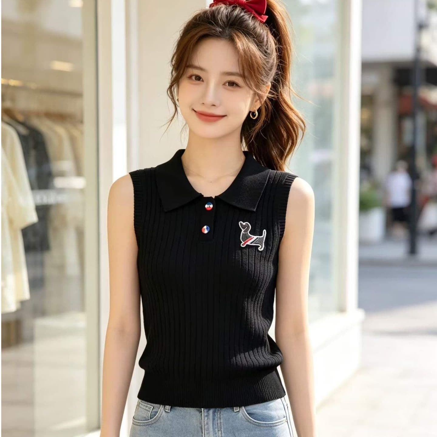 2026 한 부서 폴로 칼라 강아지 자수 꽈배기 니트 하프 열린 가슴 풀오버 조끼