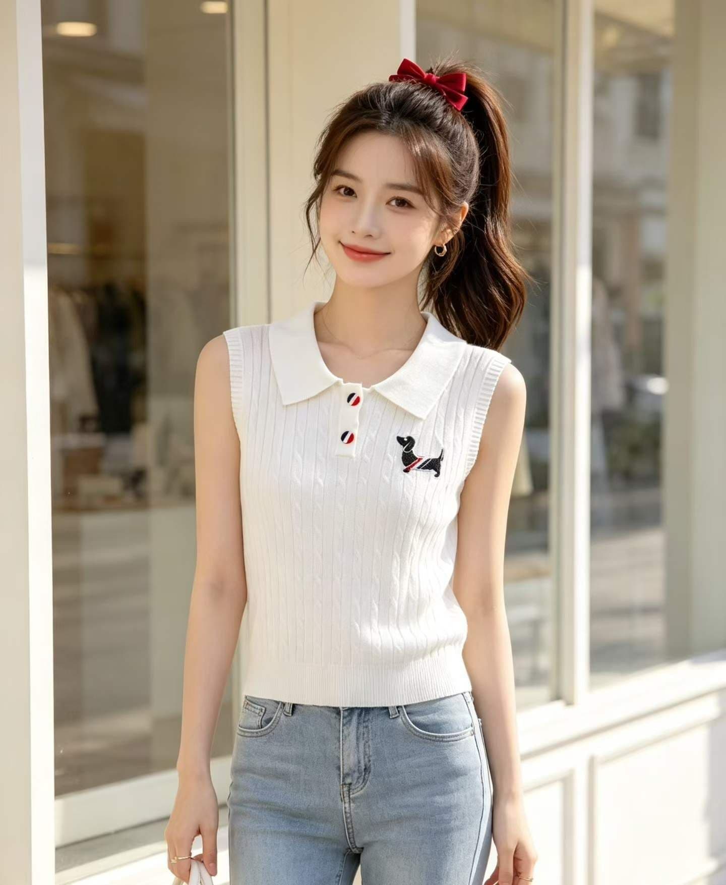 2026 한 부서 폴로 칼라 강아지 자수 꽈배기 니트 하프 열린 가슴 풀오버 조끼 상세 이미지 2
