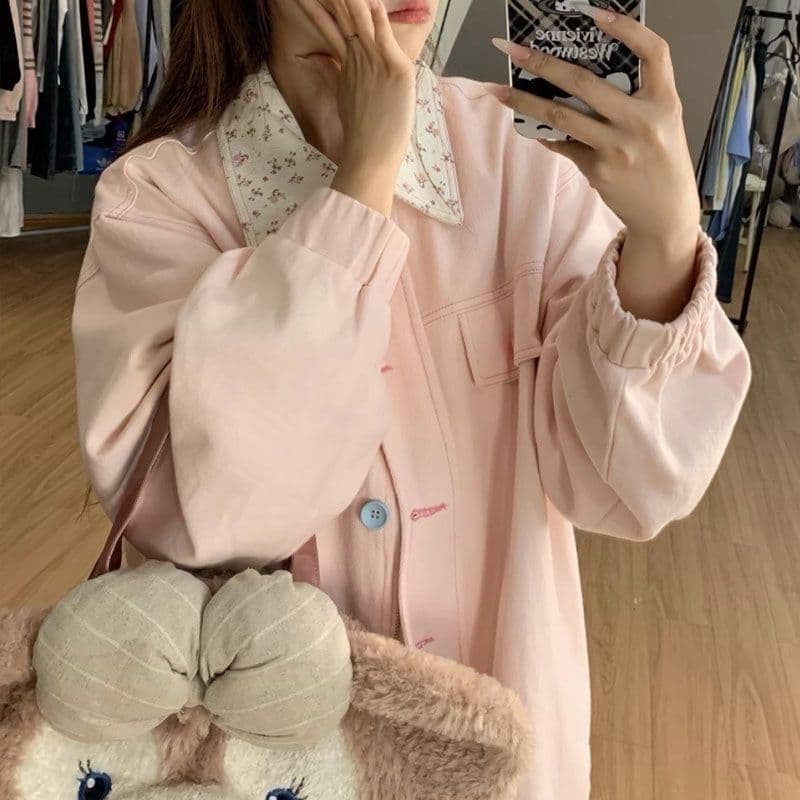 인터넷 유명인 느긋한 바람 색상 버클 폴로 칼라 꽃무늬 패치워크 루즈핏 신선함 달콤함 재킷 여성 코트 이미지 5
