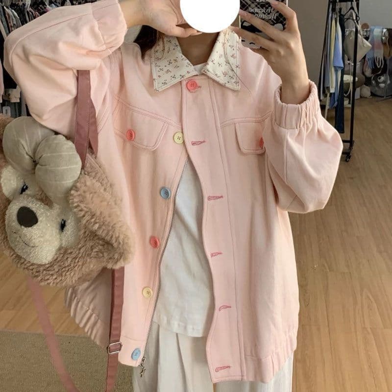 인터넷 유명인 느긋한 바람 색상 버클 폴로 칼라 꽃무늬 패치워크 루즈핏 신선함 달콤함 재킷 여성 코트 상세 이미지 12