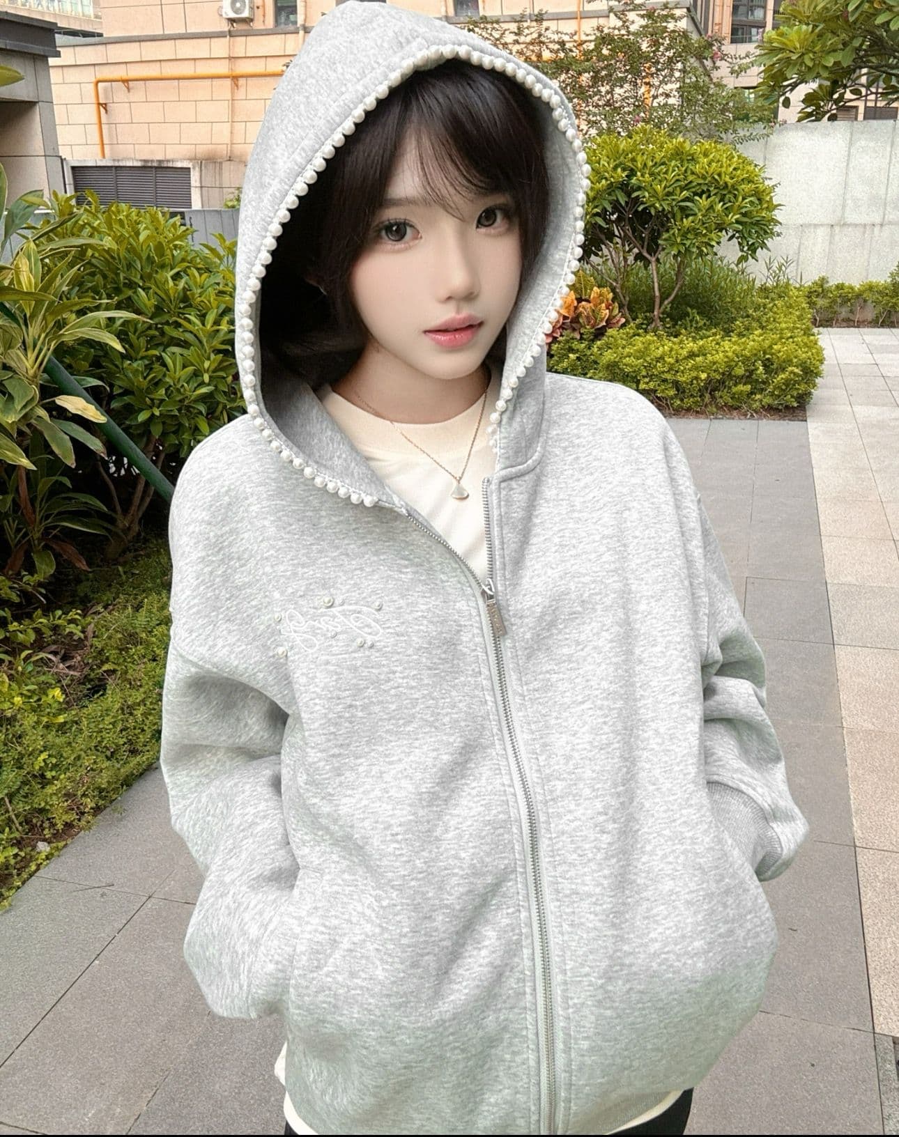 얇은 스타일 털이 있는 주문 구슬 자수 원본 솜씨 순수한 Mianhua 면 복합 후드티 여성 상세 이미지 3