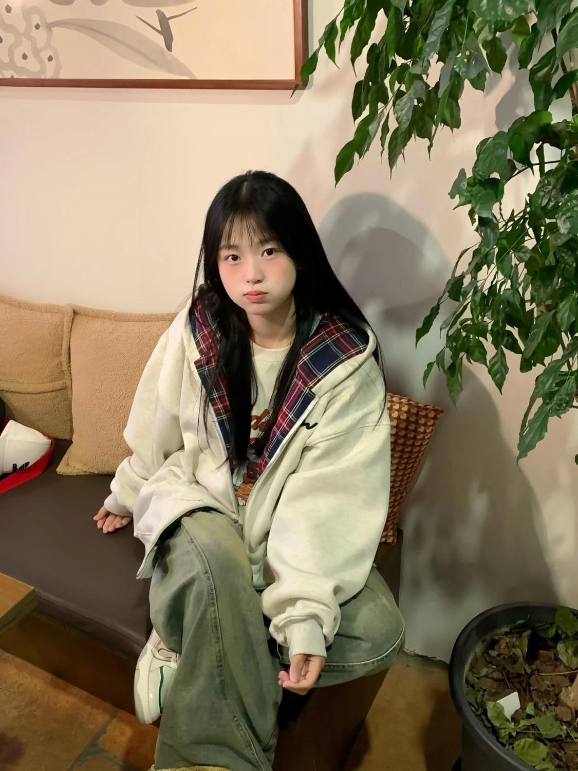 얇은 스타일 털이 있는 후아 면 복합 후드티 여성 이미지 4