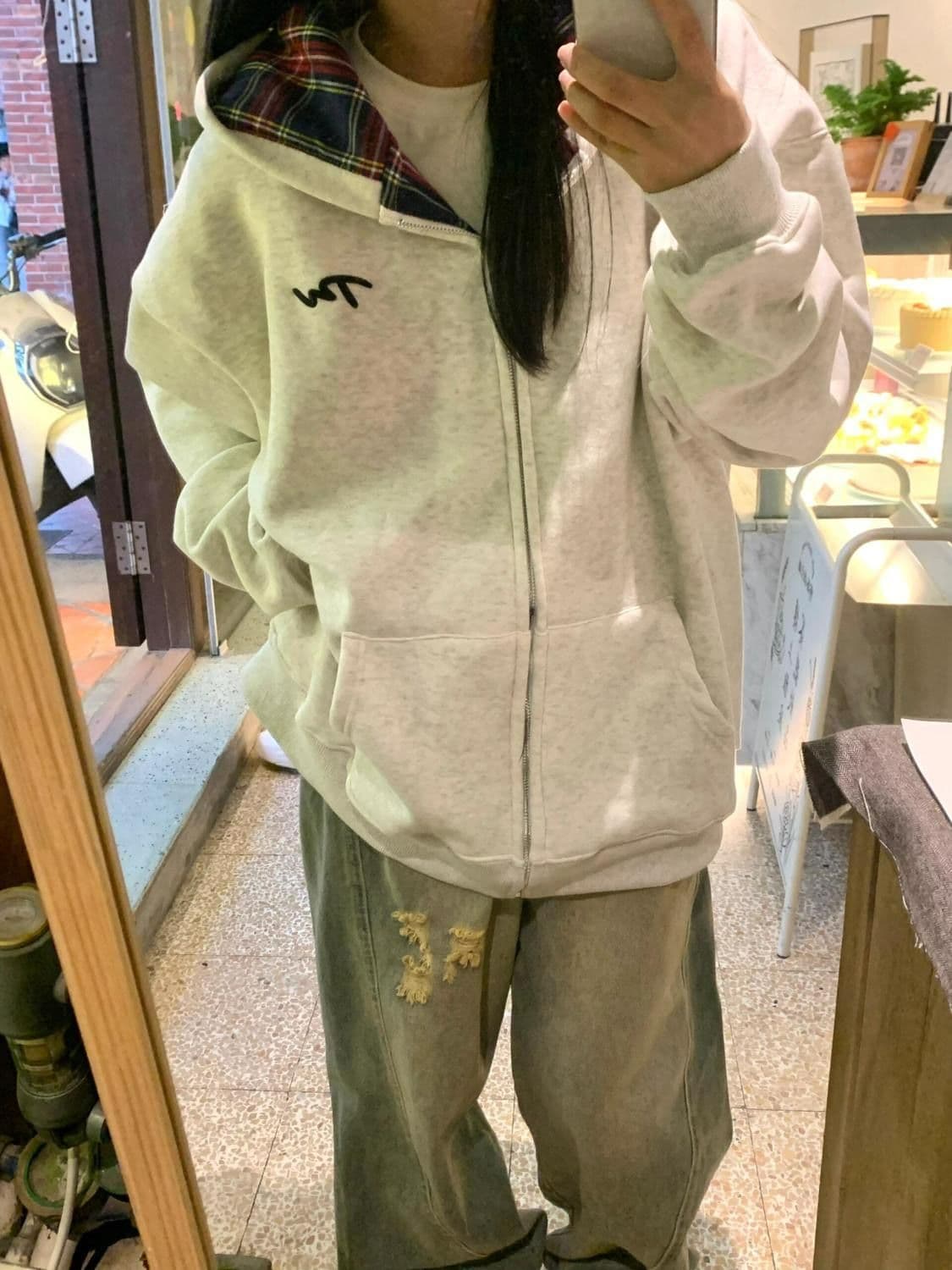 얇은 스타일 털이 있는 후아 면 복합 후드티 여성 상세 이미지 4