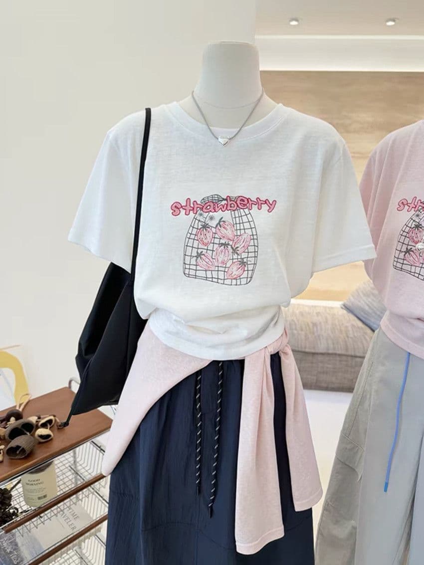 눈꽃 면 여름 한 부서 신선함 문예 딸기 프린트 반팔 티셔츠 여성 루즈핏 연령 감소 슬림해 보이는 맨위 상세 이미지 3