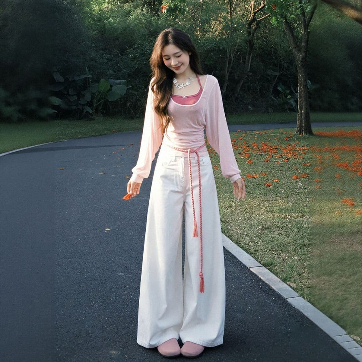 주간 실크 리브 투피스 세트 루즈핏 자외선 차단 블라우스 나비 매듭 캐미솔 이미지 4