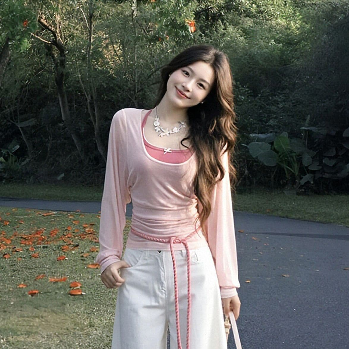 주간 실크 리브 투피스 세트 루즈핏 자외선 차단 블라우스 나비 매듭 캐미솔
