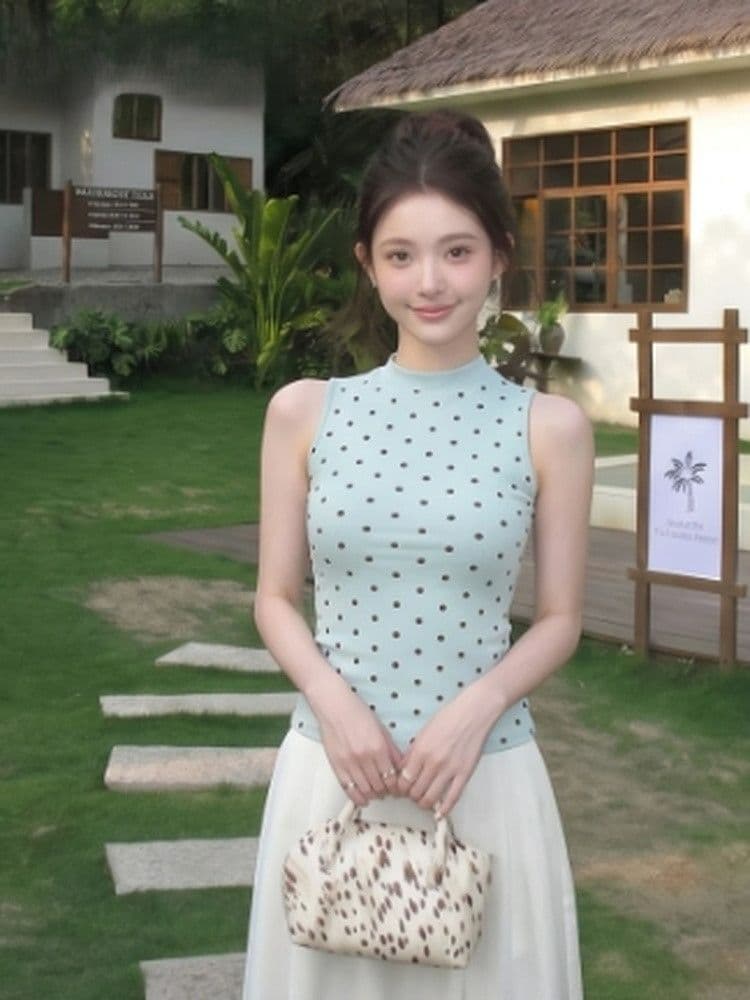 1 1 차가운 실크 코튼 210 그램 반하이넥 도트 무늬 캐미솔 슬림해 보이는 몸매 가꾸기 달콤한 스타일 얇은 스타일 외출용 맨위 이미지 3