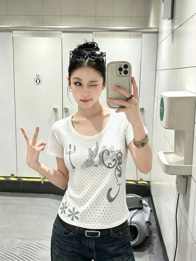 1 1 라이 우아한 260 그램 아메리칸 도트 무늬 촛대 프린트 반팔 티셔츠 여성 여름 몸매 가꾸기 슬림해 보이는 핫걸 아름다운 맨위 이미지 3