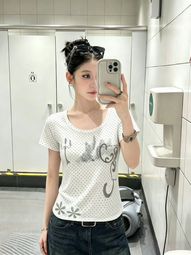 1 1 라이 우아한 260 그램 아메리칸 도트 무늬 촛대 프린트 반팔 티셔츠 여성 여름 몸매 가꾸기 슬림해 보이는 핫걸 아름다운 맨위 이미지 2