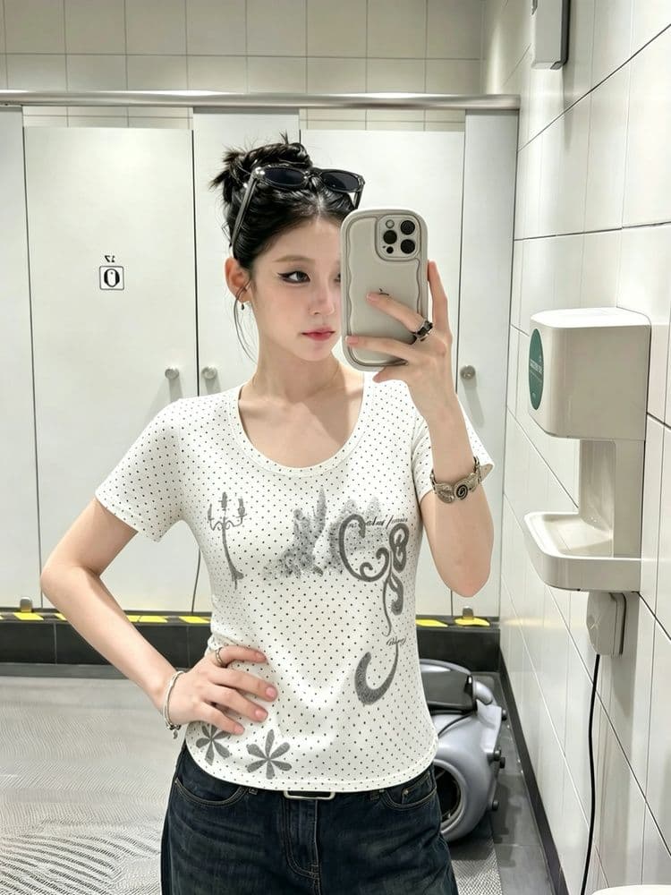 1 1 라이 우아한 260 그램 아메리칸 도트 무늬 촛대 프린트 반팔 티셔츠 여성 여름 몸매 가꾸기 슬림해 보이는 핫걸 아름다운 맨위 상세 이미지 5