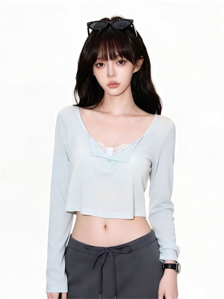 원본 라이 경기 서울 박하 녹색 헨리 칼라 긴팔 티셔츠 여성 여름 디자인 센스 몸매 가꾸기 슬림해 보이는 쇼트 스타일 자외선 차단 맨위 상세 이미지 7