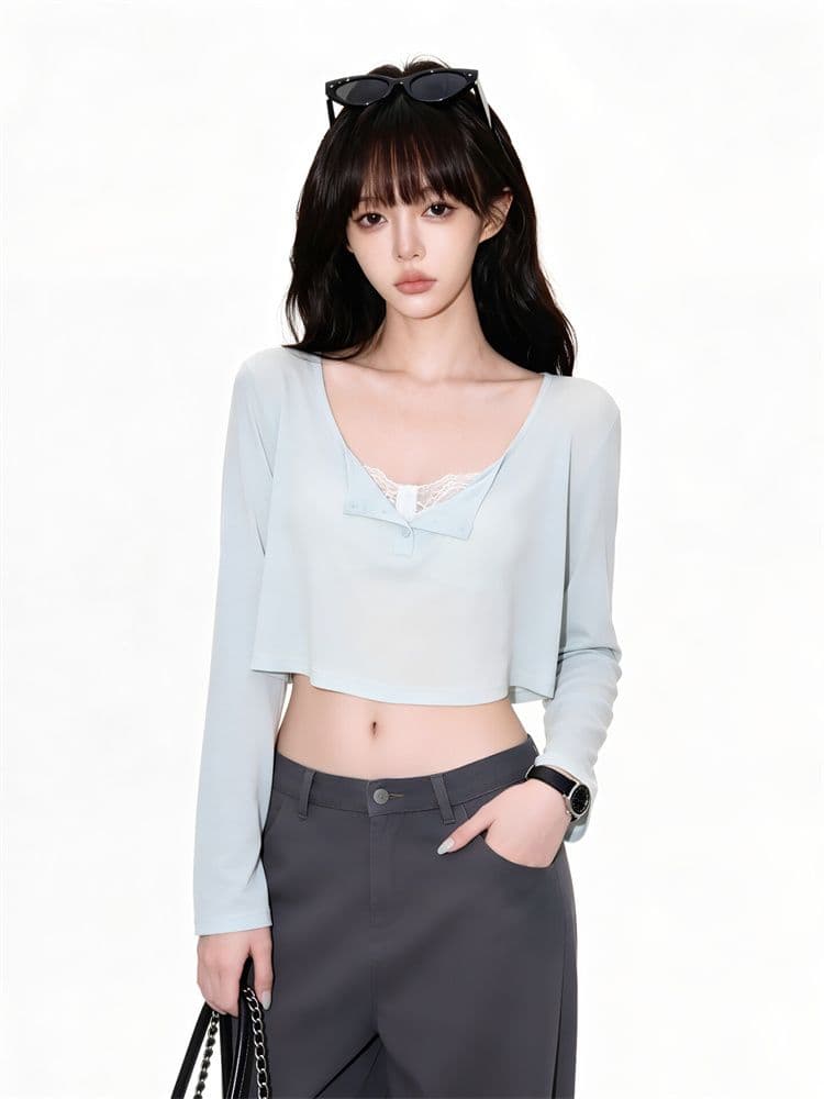 원본 라이 경기 서울 박하 녹색 헨리 칼라 긴팔 티셔츠 여성 여름 디자인 센스 몸매 가꾸기 슬림해 보이는 쇼트 스타일 자외선 차단 맨위 상세 이미지 8