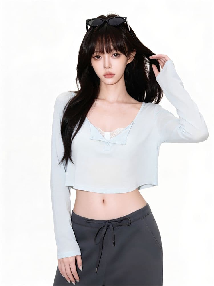 원본 라이 경기 서울 박하 녹색 헨리 칼라 긴팔 티셔츠 여성 여름 디자인 센스 몸매 가꾸기 슬림해 보이는 쇼트 스타일 자외선 차단 맨위 상세 이미지 9