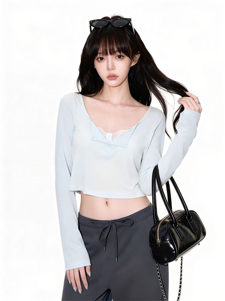 원본 라이 경기 서울 박하 녹색 헨리 칼라 긴팔 티셔츠 여성 여름 디자인 센스 몸매 가꾸기 슬림해 보이는 쇼트 스타일 자외선 차단 맨위 상세 이미지 10