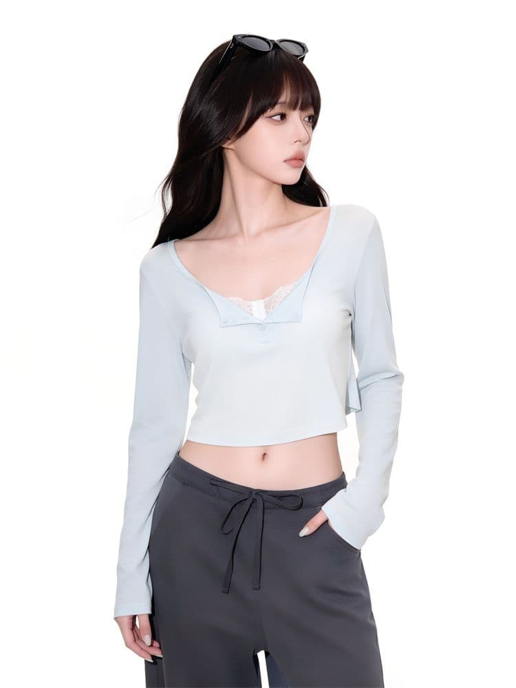 원본 라이 경기 서울 박하 녹색 헨리 칼라 긴팔 티셔츠 여성 여름 디자인 센스 몸매 가꾸기 슬림해 보이는 쇼트 스타일 자외선 차단 맨위 상세 이미지 11