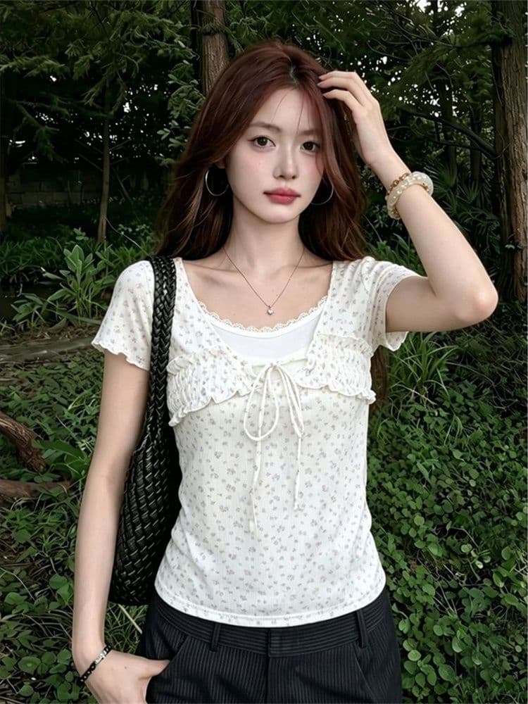 260 그램 모달 한 부서 레이스 레이스업 꽃무늬 페이크 레이어드 반팔 티셔츠 여성 여름 몸매 가꾸기 슬림해 보이는 핫걸 맨위 이미지 2