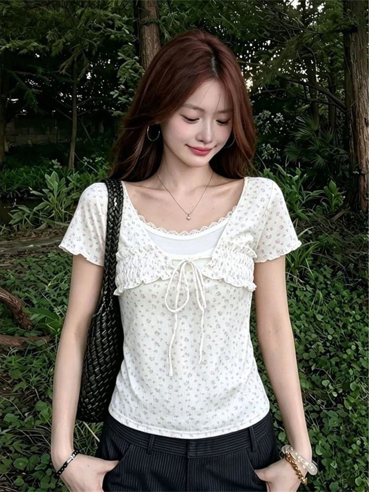260 그램 모달 한 부서 레이스 레이스업 꽃무늬 페이크 레이어드 반팔 티셔츠 여성 여름 몸매 가꾸기 슬림해 보이는 핫걸 맨위 이미지 3