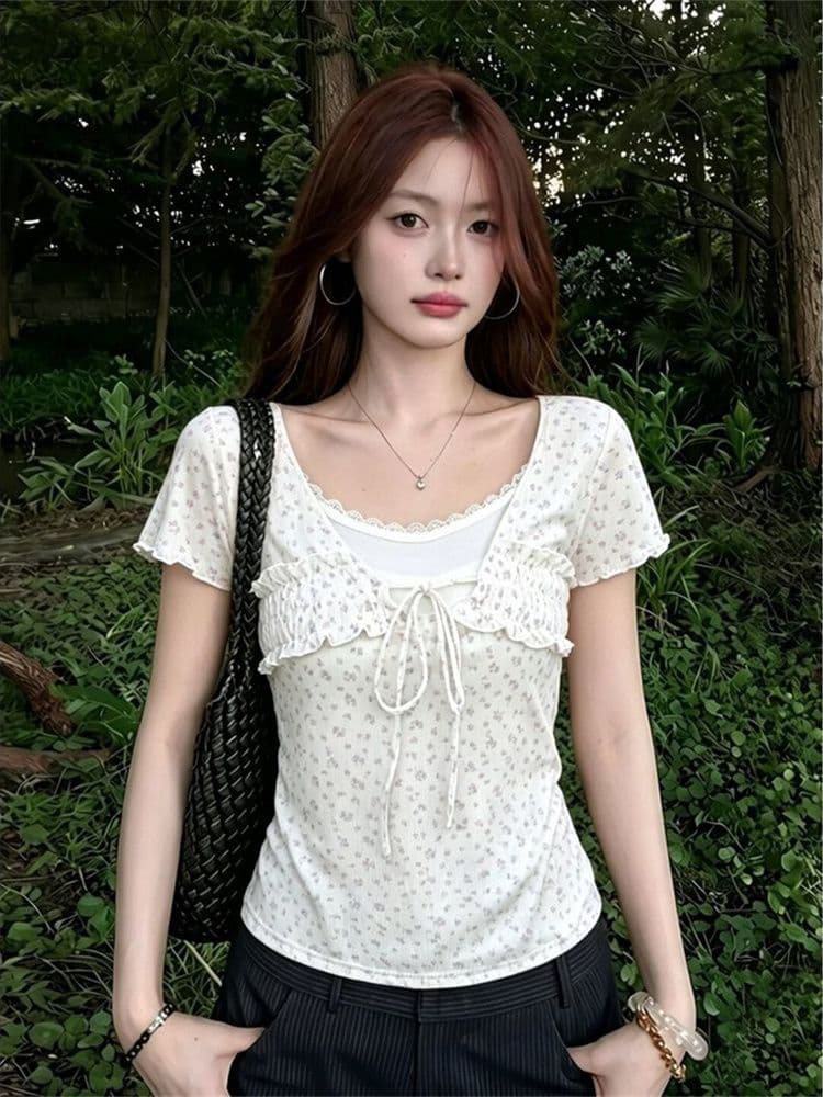 260 그램 모달 한 부서 레이스 레이스업 꽃무늬 페이크 레이어드 반팔 티셔츠 여성 여름 몸매 가꾸기 슬림해 보이는 핫걸 맨위 상세 이미지 2