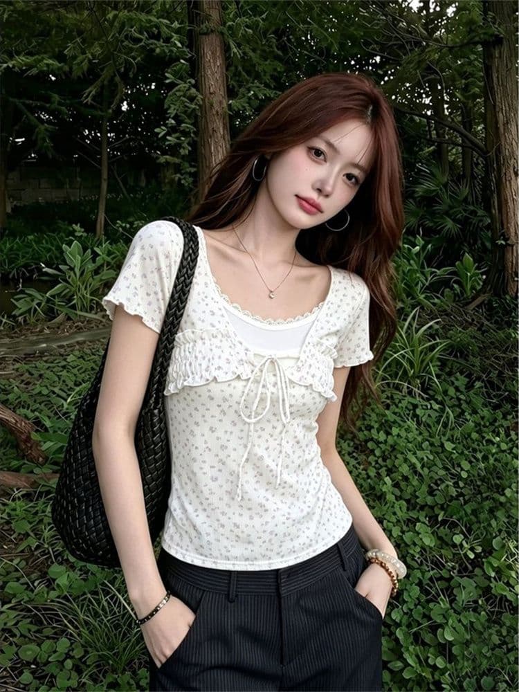 260 그램 모달 한 부서 레이스 레이스업 꽃무늬 페이크 레이어드 반팔 티셔츠 여성 여름 몸매 가꾸기 슬림해 보이는 핫걸 맨위 상세 이미지 4