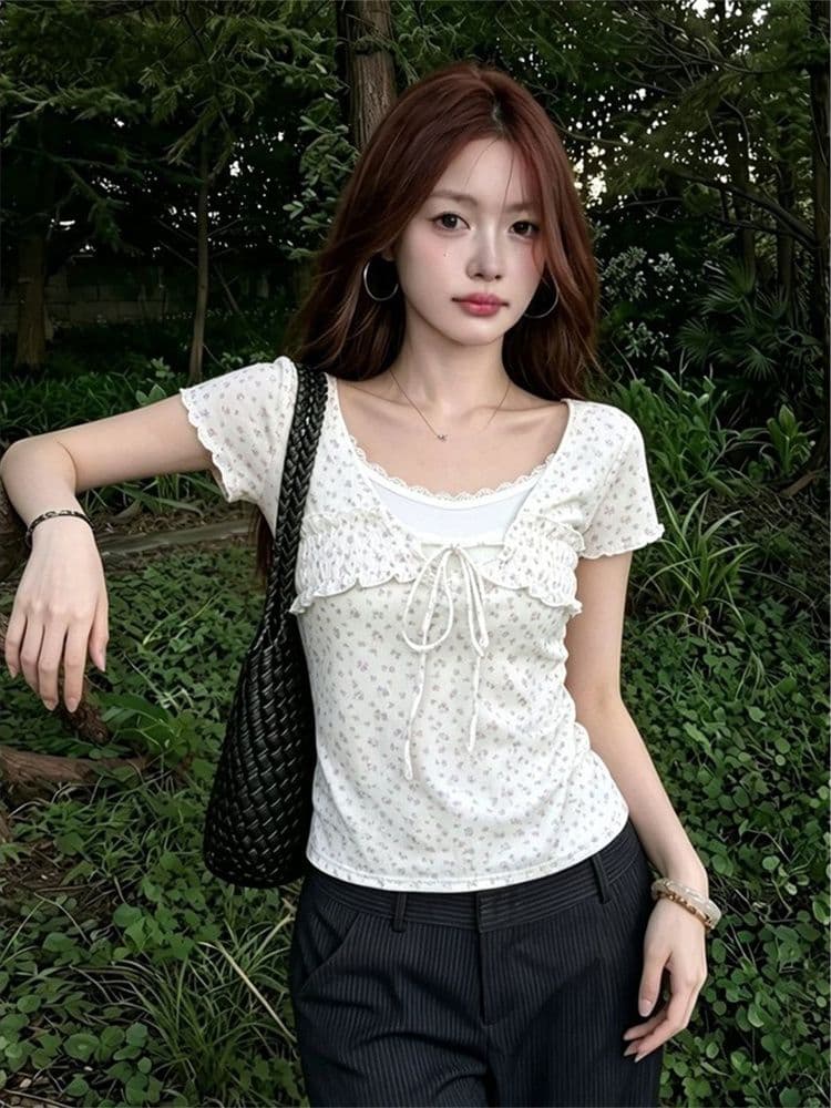 260 그램 모달 한 부서 레이스 레이스업 꽃무늬 페이크 레이어드 반팔 티셔츠 여성 여름 몸매 가꾸기 슬림해 보이는 핫걸 맨위 상세 이미지 5