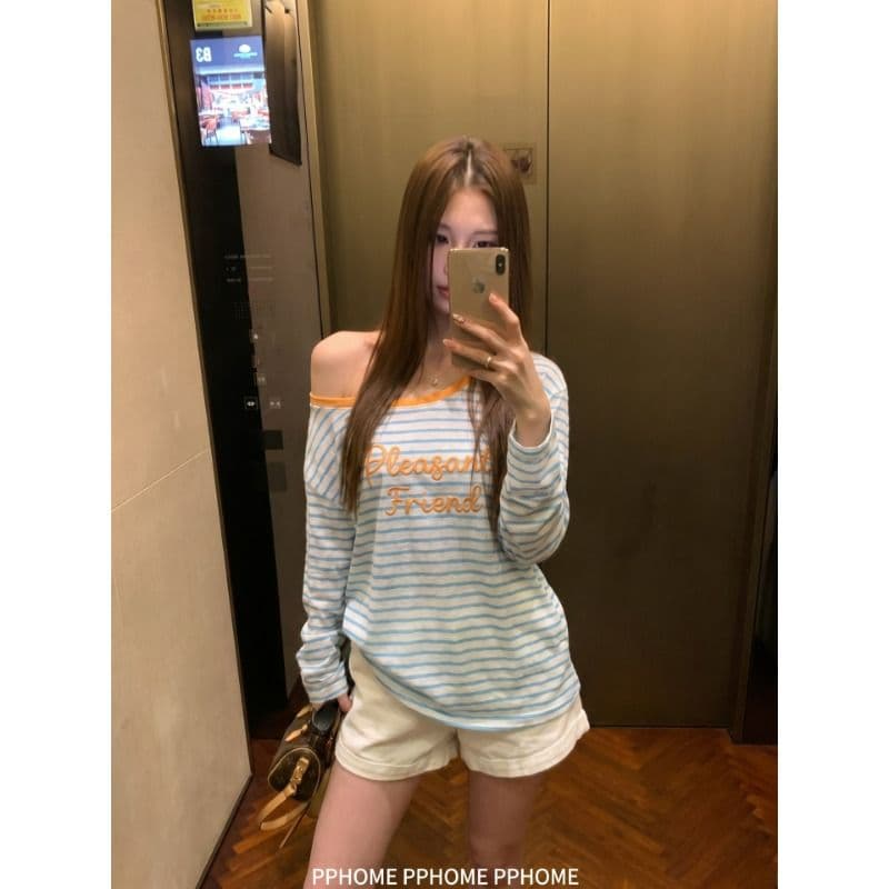 느긋한 수식 한 부서 스트라이프 자수 알파벳 긴팔 티셔츠 가을 슬림해 보이는 맨위 이미지 2
