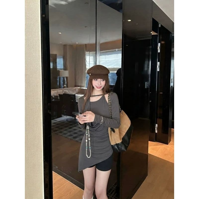 디자인 센스 행침 목 불규칙 긴팔 행침 목 티셔츠 여름 맨위 여성 트렌디 이미지 2