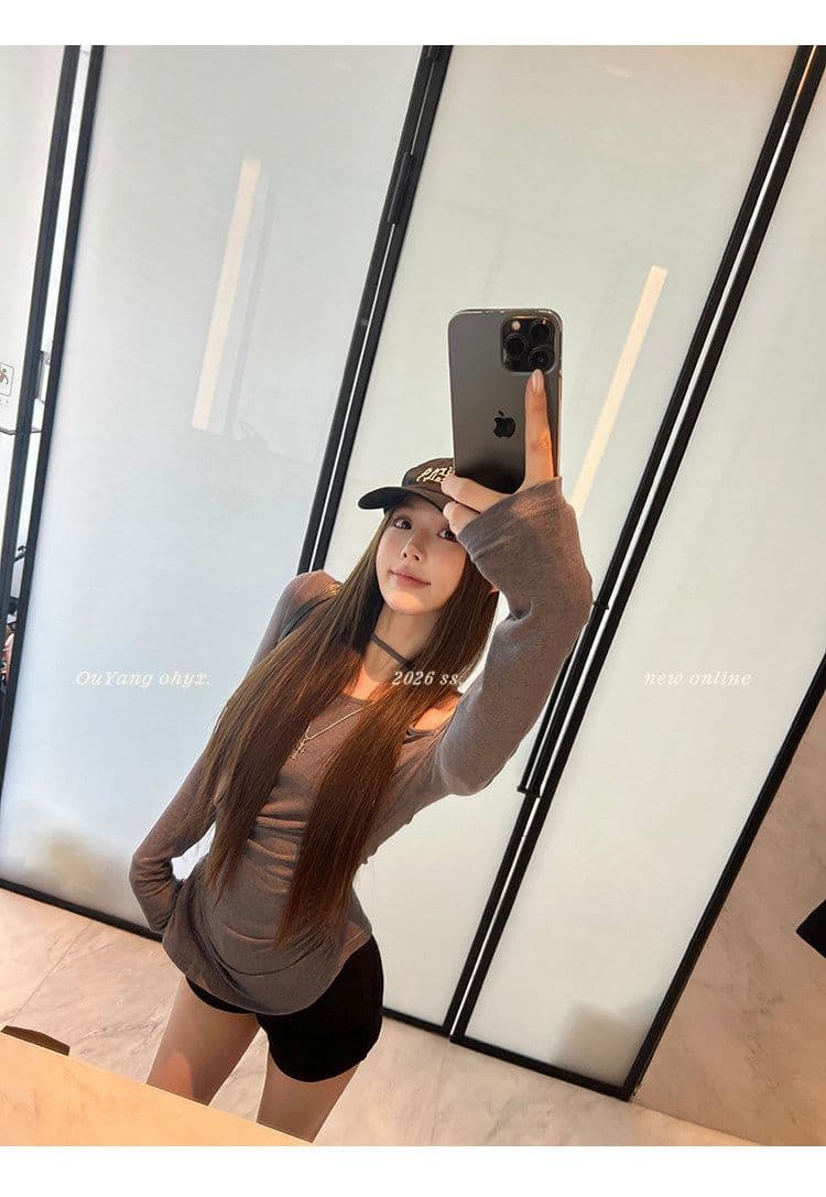 디자인 센스 행침 목 불규칙 긴팔 행침 목 티셔츠 여름 맨위 여성 트렌디 상세 이미지 17