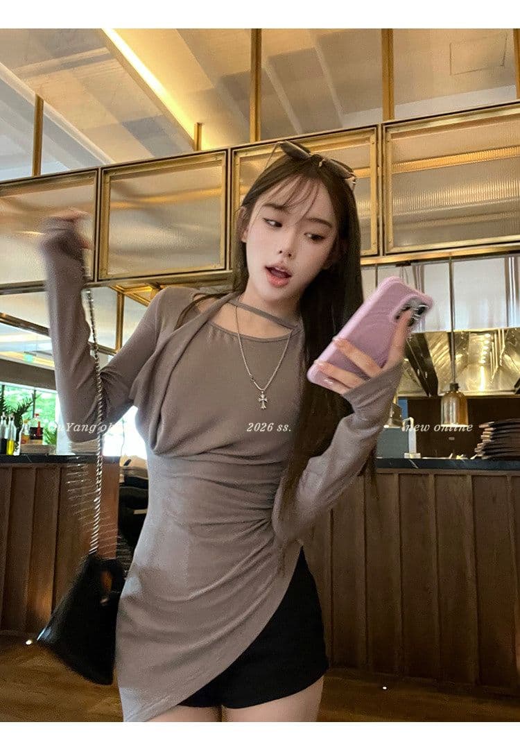 디자인 센스 행침 목 불규칙 긴팔 행침 목 티셔츠 여름 맨위 여성 트렌디 상세 이미지 28