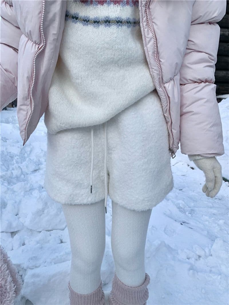 반바지 살구 색상 캐주얼 바지 여성 의류 겨울 레트로 보온 와이드 레그 팬츠 만나는 털 바지 상세 이미지 3