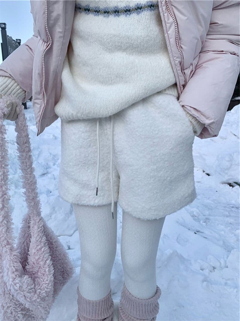반바지 살구 색상 캐주얼 바지 여성 의류 겨울 레트로 보온 와이드 레그 팬츠 만나는 털 바지 상세 이미지 4