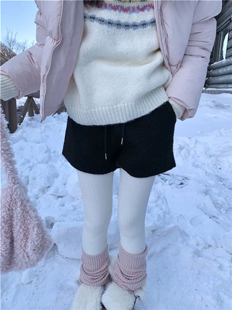 반바지 살구 색상 캐주얼 바지 여성 의류 겨울 레트로 보온 와이드 레그 팬츠 만나는 털 바지 상세 이미지 8